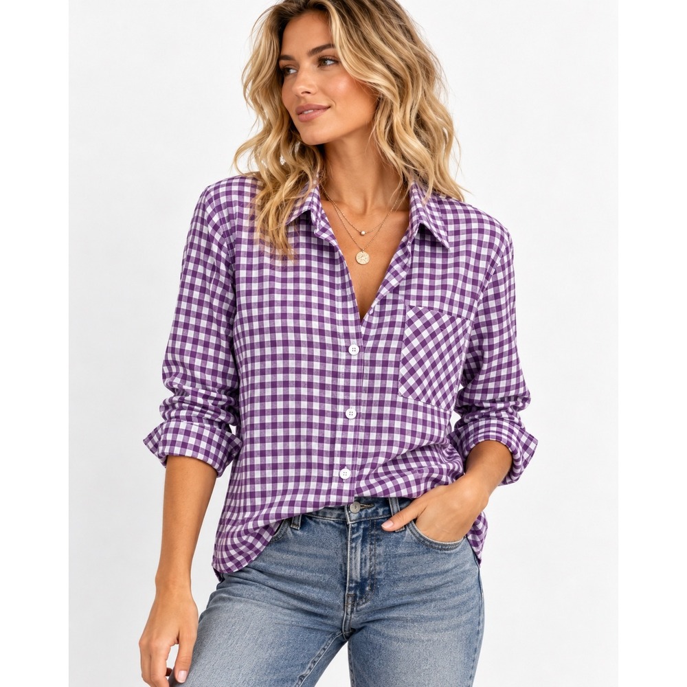 Zeagoo Purple Gingham Button Down Shirt Long Sleeve Pocket Top NEW